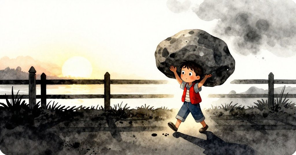 灰色男孩在夕陽余暉中攜帶光滑大石沿柵欄回返,正確踩在鞋跟印上,充滿溫暖和成就的寧靜感。