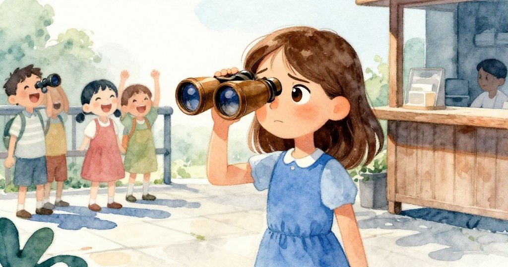 Zelda站在戶外展區,靠近金屬甲板旁的木製攤位,周圍有孩童歡笑,她充滿好奇的眼神展現探索心情。