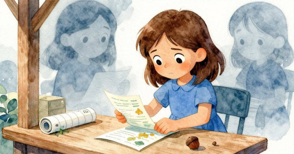 Zelda在木桌上仔細整理傳單、時刻表與橡果,專注的神情與溫暖光線融合,透露出解謎的緊張與期待。