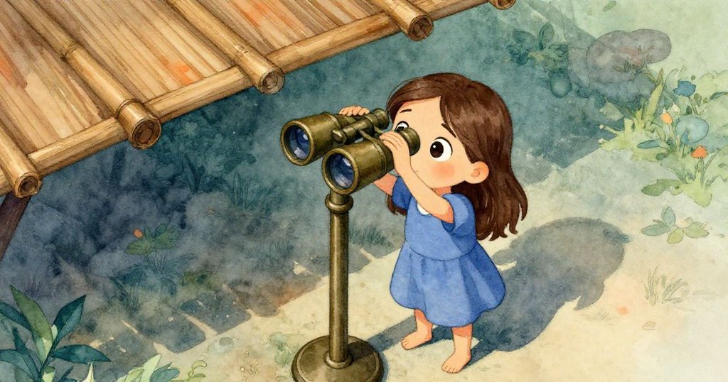 從上方俯視,Zelda踮腳細看銅色望遠鏡柱與部分竹屋頂,流露出專注與些許憂慮的神情。