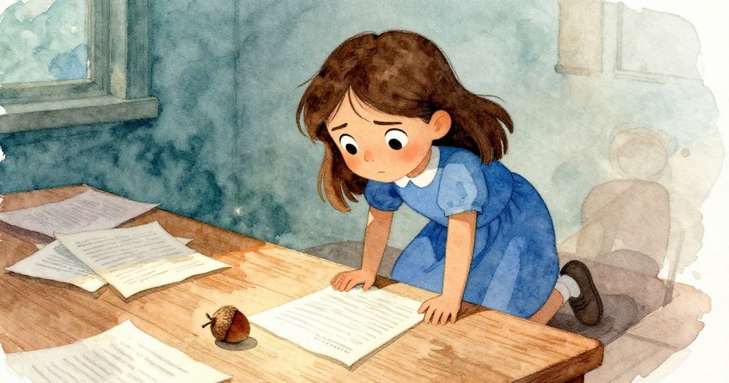 Zelda蹲下專注移動散亂的文件與橡果,臉上流露出緊張與決心,光影變幻間展現出微妙懸念。