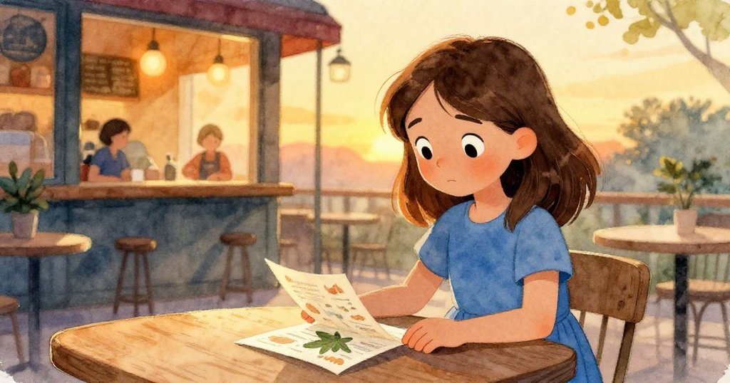 黃昏時分,Zelda在木桌上輕放傳單,背景呈現溫暖咖啡館的柔和光芒,她滿足的神情象徵著故事的安定與溫馨。