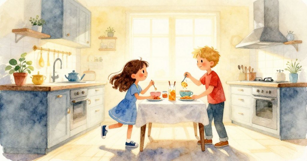 Yara和Luke在明亮廚房中忙碌，Yara伸手要取牛奶瓶，Luke推開麥片盒，早晨充滿希望與活力。