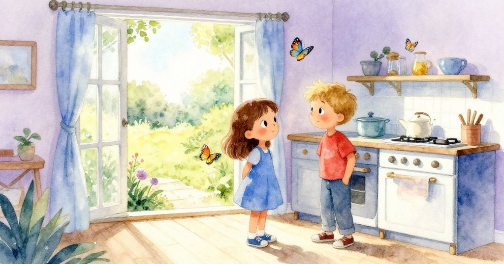 Yara與Luke透過窗外欣賞陽光花園，露珠閃爍與蝴蝶飛舞，室內外景色和諧交融，充滿平靜自然之美。