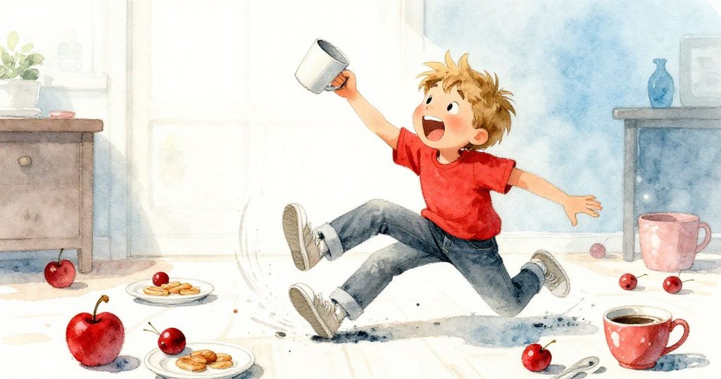 Luke專注接住滑動的杯子，手忙腳亂中撞到餐巾架，表情緊張，展現早晨混亂瞬間的奮力掙扎。