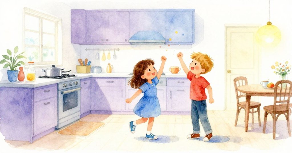 Yara與Luke在平靜廚房中互相點頭致意，桌面上留有濕環與牛奶痕跡，象徵早晨混亂後的成就感。