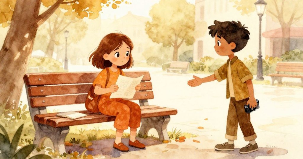 Tamsin在繁忙市集上開啟筆記本，與Corbin握手，笑容溫暖，背景市集人潮熙熙攘攘，光線柔和，情節開端