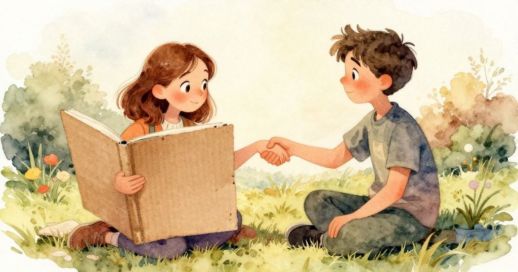 Tamsin用手遮擋筆記本，細節展現石凳紋理與噴泉下閃爍硬幣，情感專注細膩，背景柔和光線，情節發展中