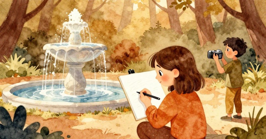 從Tamsin肩後看，她專心描繪水流，而Corbin拍攝記錄，溫暖光影中展現創作進展，場景充滿動感