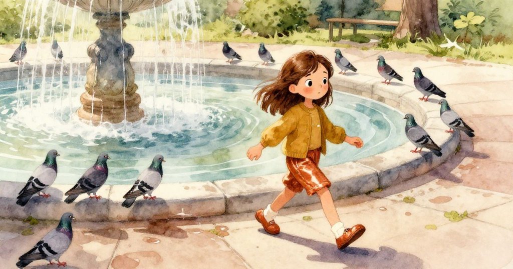 Tamsin向噴泉邊緣快步走去，石邊鸽子聚集，小鳥動作各異，光影交錯，情節推向高潮