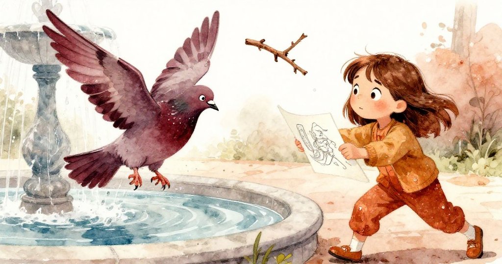 Tamsin驚急舉起筆記本躲避水花，鸽子驚擾飛散，枯枝掠過噴泉，衝突中展現緊張與決心