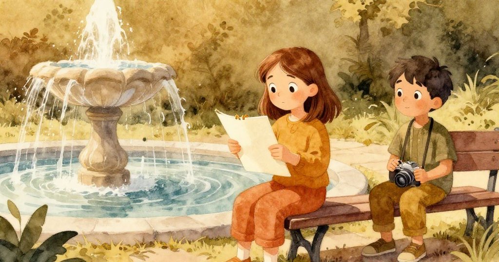 Tamsin穩定持筆記本，背景噴泉恢復寧靜，Corbin在旁靜觀看，市集韻律再現，情節結局平和