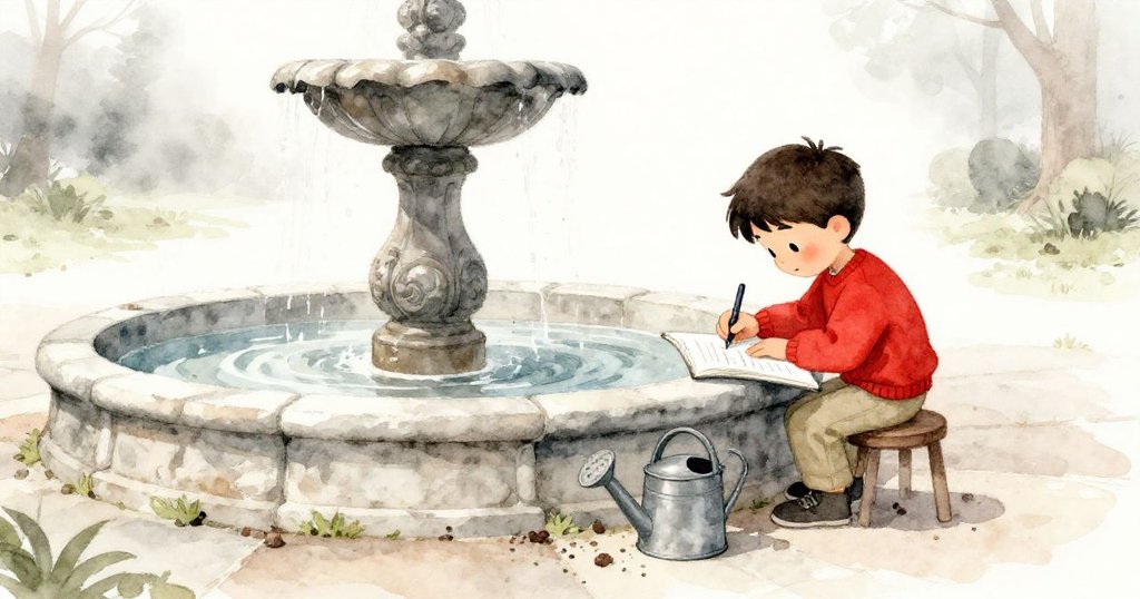 Ivan在公園噴泉邊繪畫，薄霧環繞，金屬澆水壺旁，神秘氣氛中充滿專注情感。