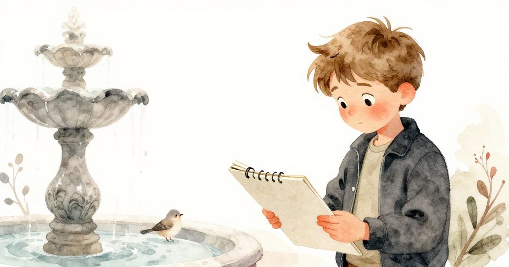 Ronan在公園噴泉旁放置畫板，利用空曠背景捕捉低枝上小鳥，專注而充滿期待。