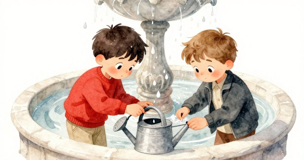 Ivan與Ronan面對噴霧調整素描本，利用金屬澆水壺作屏障，扭曲透視中展現合作專注情感。