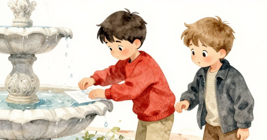 Ivan與Ronan在帶著回憶色調的噴泉旁細心擦拭畫作，舊日努力與當下專注交織，溫馨而淡雅。