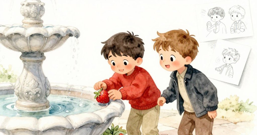 Ivan與Ronan在溫暖陽光下欣賞噴泉邊露水閃亮的草莓，合作完成素描，臉上洋溢著愉悅與認同。