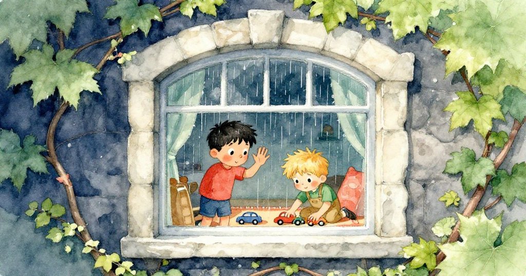 Niall和Nolan在溫馨的家中互動，窗外雨滴輕敲結滿常春藤的老石拱門，充滿好奇與溫暖感。