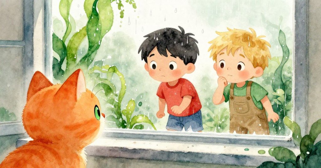 從橘貓的視角看向窗邊，Niall與Nolan在雨中創作，橘貓好奇伸爪，場景充滿魔幻與細緻情感。