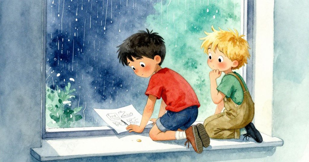 從窗台的高處觀察到Niall與Nolan全神貫注地創作窗上藝術，雨滴映襯他們專注神情，層次豐富且溫馨。