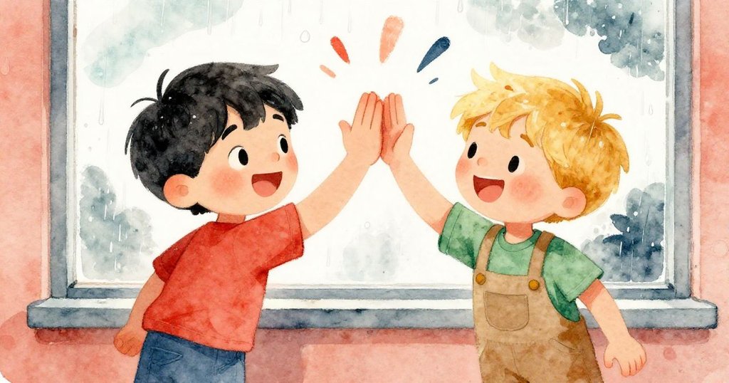 Niall與Nolan臉上洋溢著喜悅，他們在雨滴點綴的窗前互相擊掌慶祝創作成功，溫暖與興奮在彼此眼中閃爍。