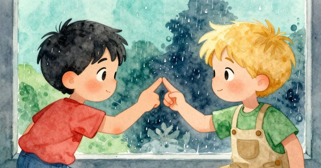 Niall與Nolan在窗前輕觸指尖，融合各自創作為一幅統一藝術品，雨滴映襯下展現溫柔平靜與合作精神。