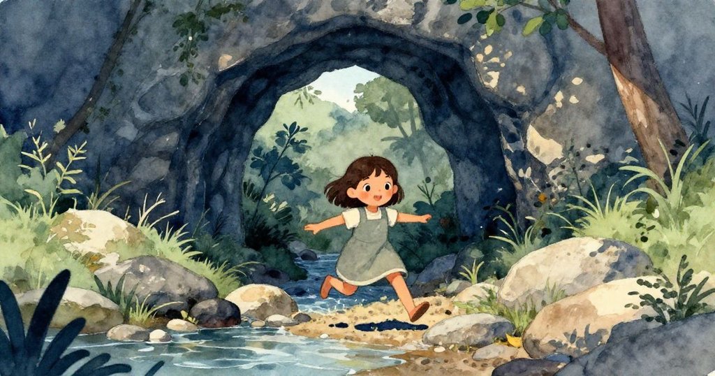 Zara穿越岩石門戶,在河畔探險,神情好奇,背景是石塊與流水,光線柔和溫暖。