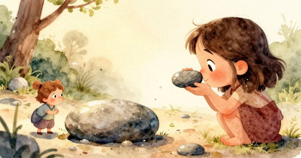 Zara伸手輕撫石塊,仔細感受岩石質感,手部細節豐富,展示探索與好奇的情緒。