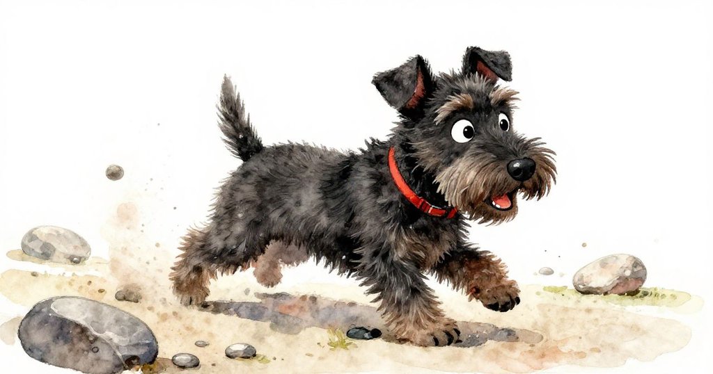 小狗從低角度觀察落石與飛揚塵埃,充滿好奇,動態場景展現自然互動,氣氛生動。