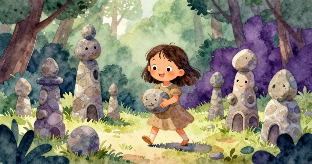 Zara推著選好的石塊行進在石塔之間,與濕潤黏土和乾石子互動,背景呈現自然光影。