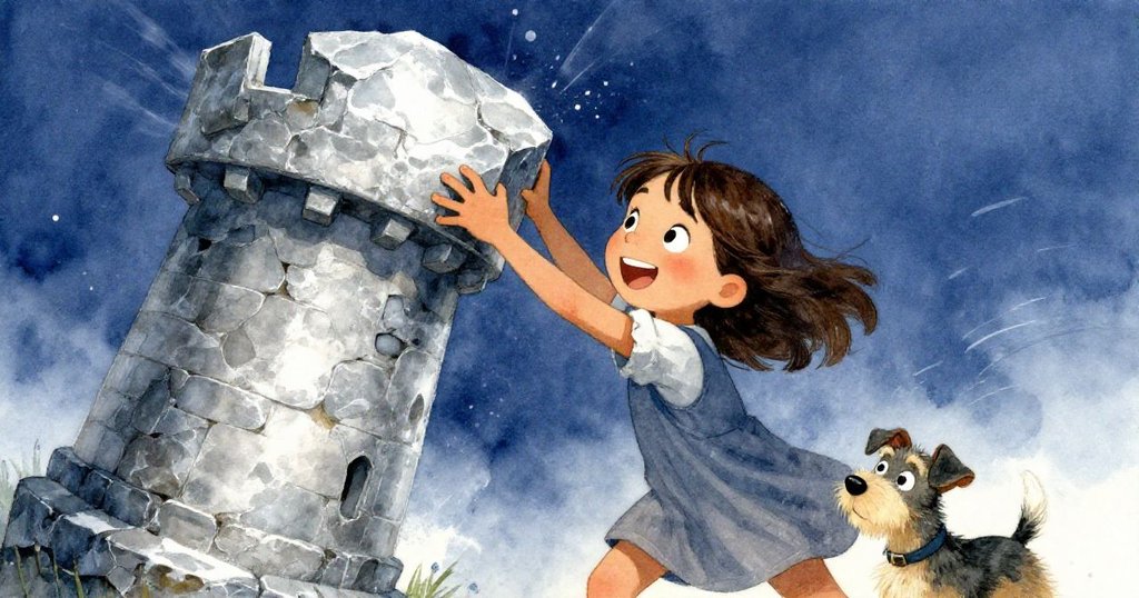 Zara驚訝中堅定地用濕石堵住傾斜塔塊,連鎖反應中石塊飛散,現場充滿動感和緊張氣氛。