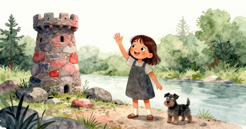 Zara於穩定石塔前微笑揮手告別,狗躺在加熱碎石上,自然場景寧靜溫和收尾。