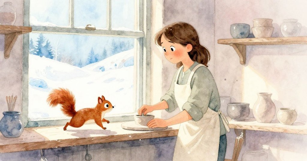 Dinah在明亮工作室窗邊輕觸窗台，窗台有粗糙溝痕，一隻活潑松鼠在旁奔跑，充滿平靜與期待。