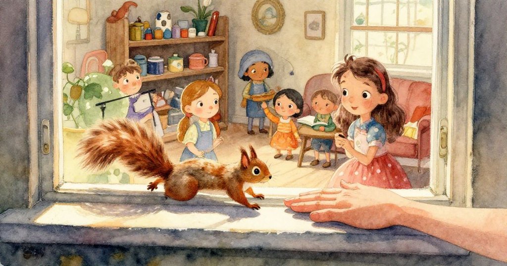 一隻好奇松鼠視角下的工作室，窗邊映出柔和粉與淡紫光彩，陶輪旋轉映出陽光，充滿生動與趣味。