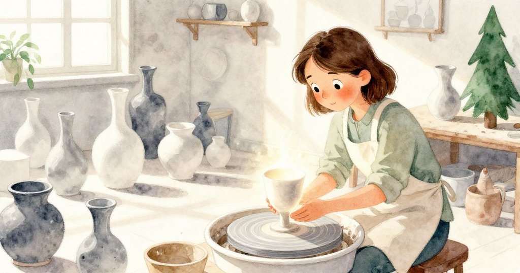 中午時分，Dinah穩定轉動陶輪，光影明暗交錯中，一個發光的高杯逐漸成形，工作室充滿變化與專注。