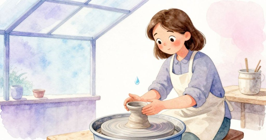 凍結瞬間中，Dinah專注地掌握陶輪上飛舞的泥帶，細水珠懸浮在空中，展現穩定與藝術的美感。