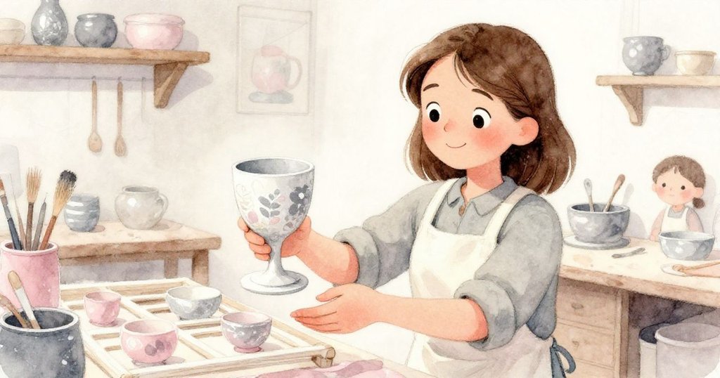 在最後一滴水滑落時，Dinah帶著完成的高杯微笑前行，臉上流露滿足，工作室充滿溫暖寧靜的氣氛。