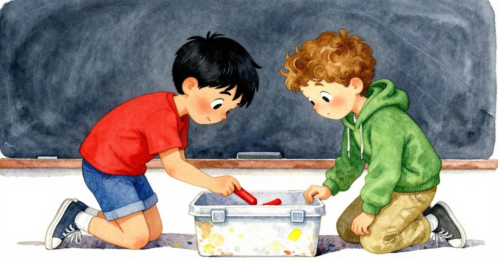 格里芬與澤克仔細觀看擱在塑膠盒旁的紅色粉筆，展現期待與思考的眼神