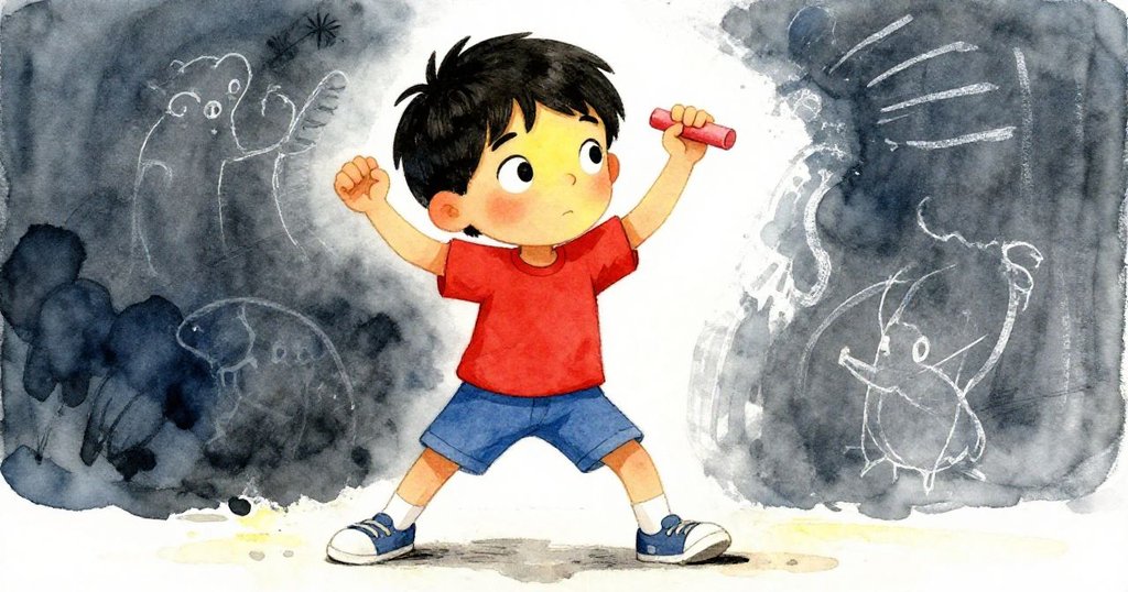 從低角度看見格里芬專注堅定的臉龐，他巧妙平衡著紅色粉筆展現創造力