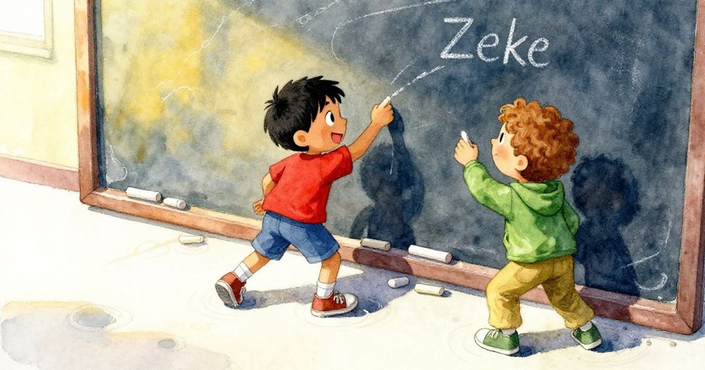 高空視角下展現粉筆板上散落的粉筆碎片與水波紋，格里芬與澤克忙碌創作