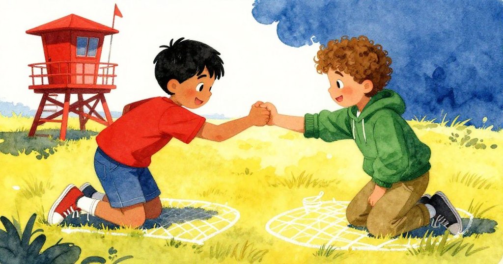 格里芬和澤克互換位置，手勢交換中展現無言合作，共同完成沙灘塔與野餐畫作