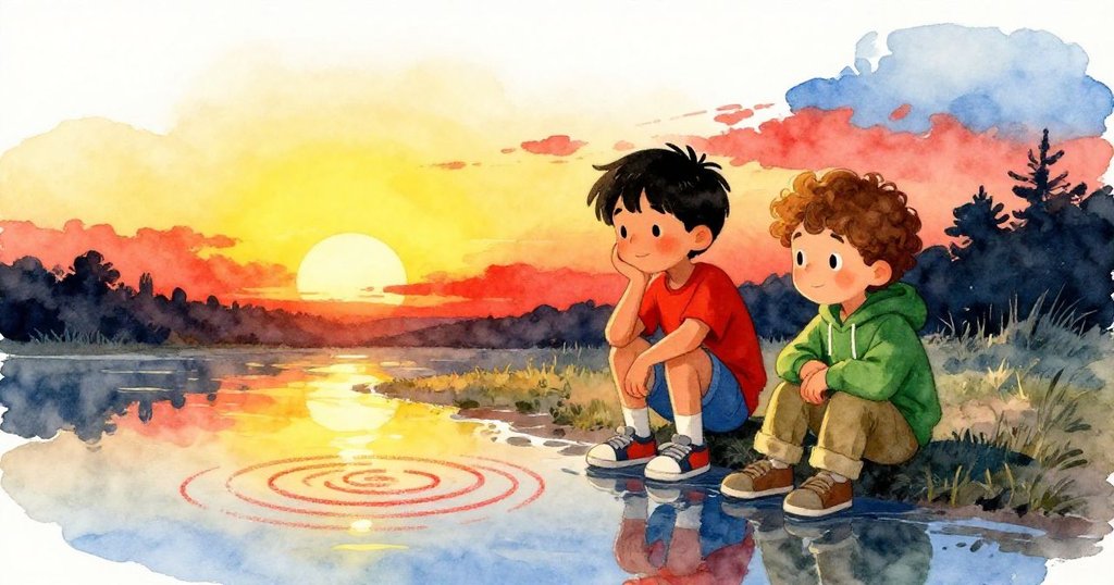 夕陽下，格里芬與澤克凝視著水中紅色粉筆漣漪，溫暖光芒中流露創作成功之靜謐感