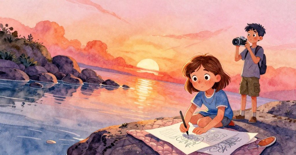 Opal坐在海邊岩石上撰寫筆記,眼神充滿好奇地望向水面,背景中Vance拿著相機捕捉瞬間,光線斜照營造神秘氛圍。