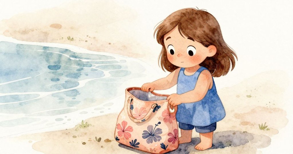 Opal正仔細檢視她邊上的海邊袋,袋子上有著暗淡的芙蓉花圖案,背景的潮汐與岩石營造出靜謐氛圍。