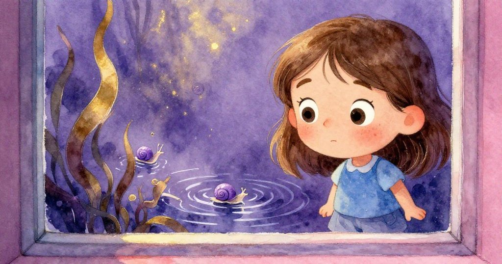 Opal俯身凝視著水面,水面如窗般映出螺旋蝸牛和搖曳海藻,她的表情充滿好奇與驚喜。