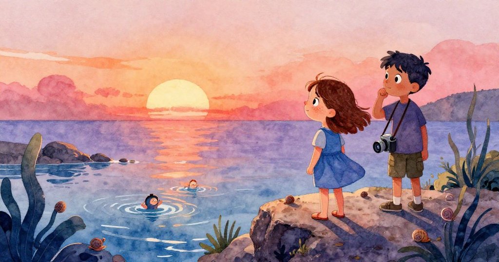 從高處看見Opal與Vance在海邊觀察潮池,岩石上揭示著微妙的海藻和蝸牛運動,充滿和平與探索情懷。