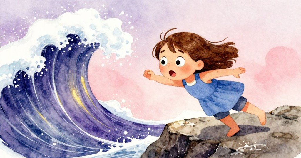 Opal在潮池邊緣緊張地傾身靠近水面,手在濕滑岩石上滑動,浪花飛濺,她的表情驚訝且堅定。