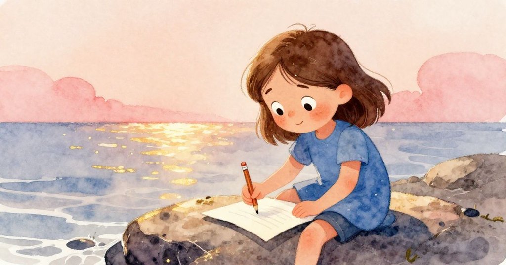 Opal回到乾燥的岩石上,微笑著將鉛筆放在潮濕的筆記本上,展現出探索後的寧靜與收穫感。