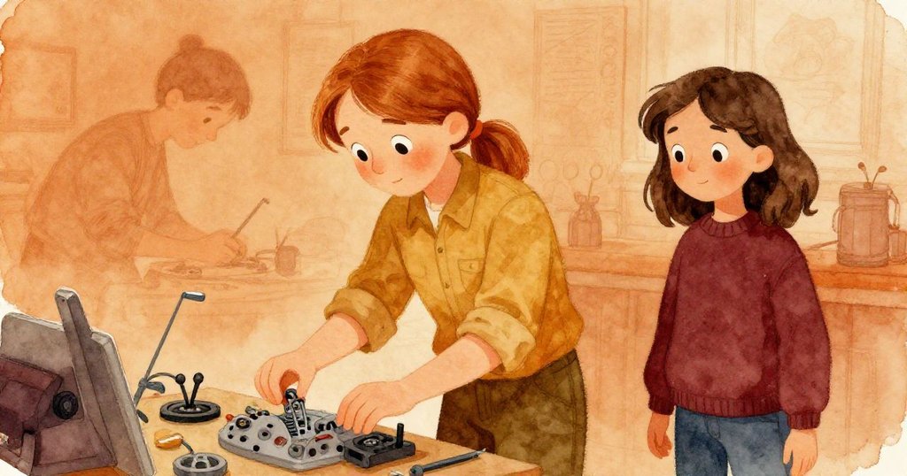 烏薩在工作臺上細心操作，遠處的丹用筆記下旋轉圖案，多層次背景展現室內溫暖晨光。