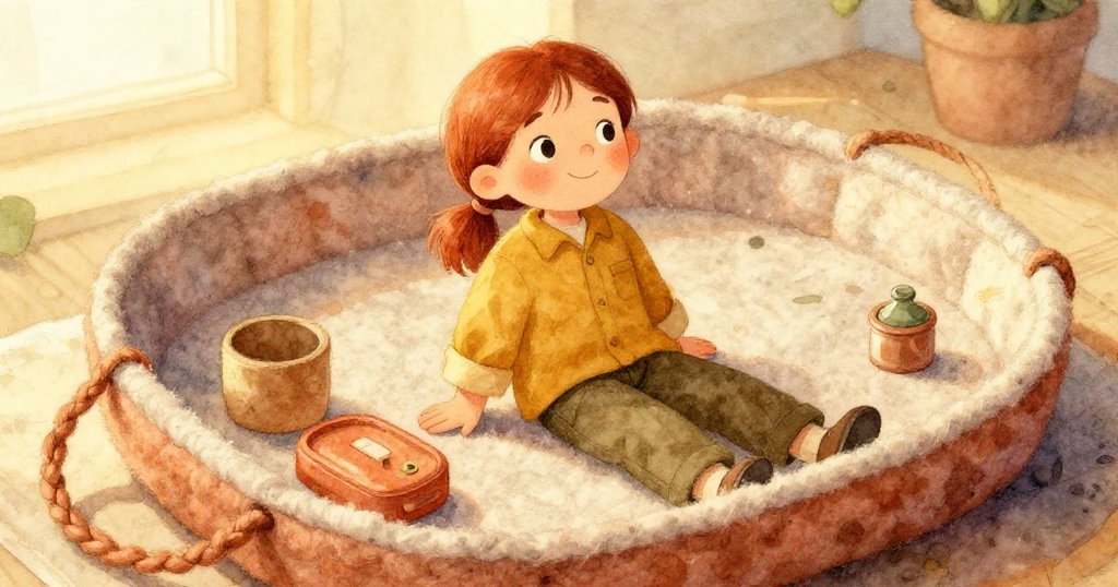 烏薩專注地再次纏繞細繩，柔軟桌面與絨布托盤在晨光中透出溫暖手工細節。